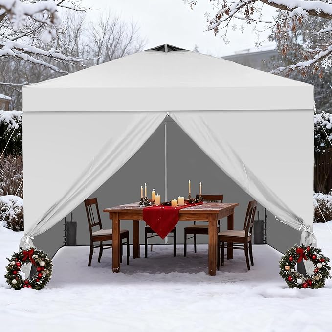 GDY 12x12 Pop Up Canopy Tent with 4 Sidewalls, Easy Set up with One Push Lift Outdoor Silver Coated Beach Gazebos, Carpas for Pool, Events, Parties, and Camping, White.