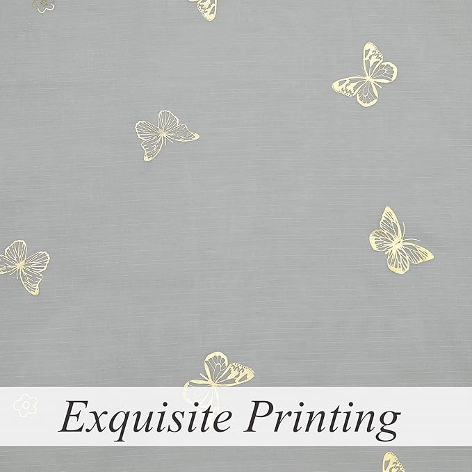 Jubilantex Grey Sheer Curtain with Gold Butterfly Pattern for Kids Room, Linen Textured Rustic Metallic Print 63 Inch Rod Pocket Window Drapes for Girls Bedroom Living Room, 2 Panels