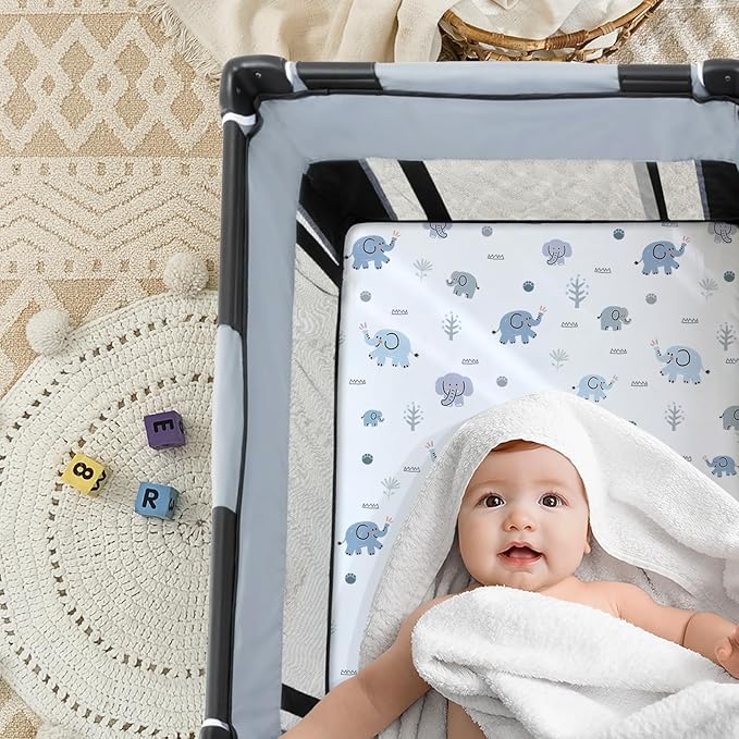 4 Pack Mini Crib Sheets Fitted - 38"x26" Pack and Play Sheets for Playard Mattress, Portable Mini Crib | Soft & Skin Friendly Pack N Play Sheets for Boys (Elephant & Woodland)