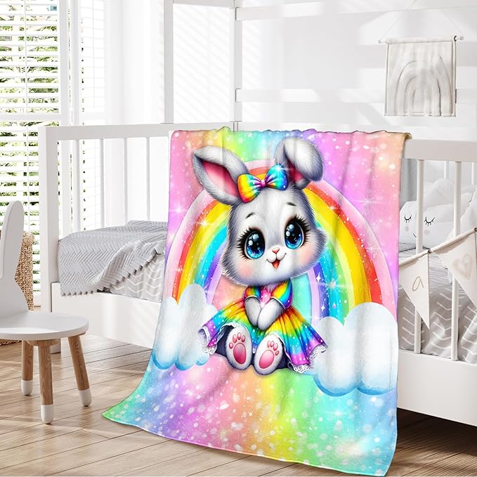 Rabbit Blanket Gift for Girls, Bunny Throw for Kids Teens Daughter 50x60 Inches Soft Warm Lightweight Rainbow Throw Blankets for Sofa Couch Bed Travel
