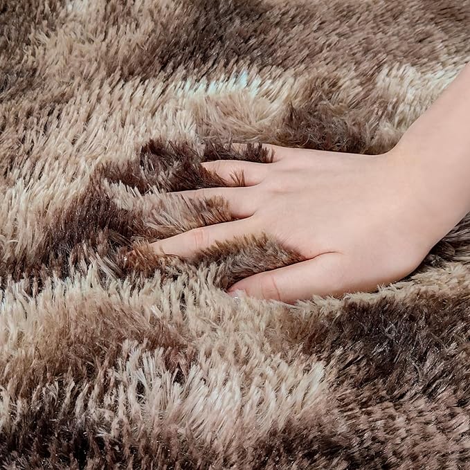 4 ft Round Fluffy Brown Rug for Bedroom,Tie Dyed Furry Round Carpet Non Slip Fuzzy Shaggy Plush Circle Area Rug Rug for Living Room Teen Room Nursery Room Playroom Kids Room Home Decor Washable