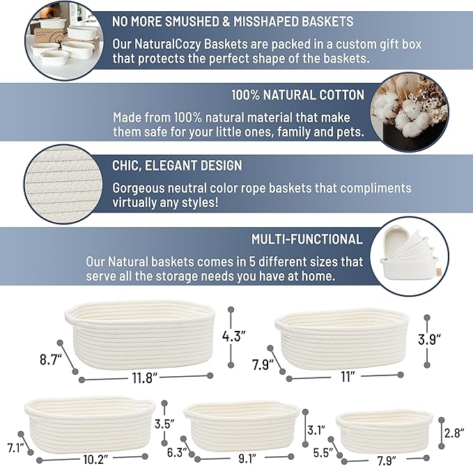 NaturalCozy 5-Piece Rectangle Storage Basket Set- Natural Cotton Rope Woven for Organizing! Small Basket for Montessori, Baby Nursery, Dog Toy Baskets, Cat Toy Box, Bathroom Organization Bin