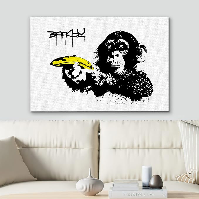 SIGNWIN Framed Canvas Wall Art Banksy Monkey with Banana Print Graffiti & Street Art Famous People Pop Art Modern Urban Multicolor for Living Room, Bedroom, Office - 12x18 inches