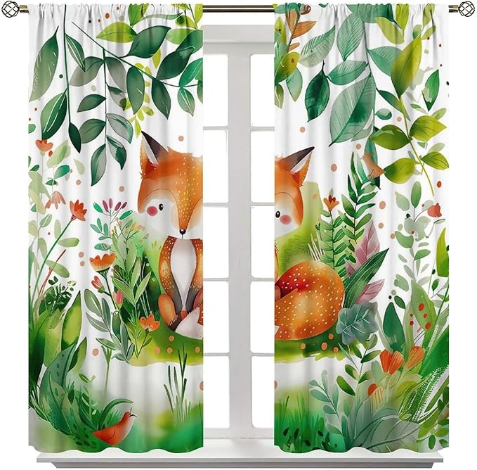 Kids Fox Blackout Curtain Cute Cartoon Fox Window Treatment for Girls Boys Bedroom Wildlife Woodland Animal Botanical Plant Window Drapes for Living Room Teens Nursery W84xL84