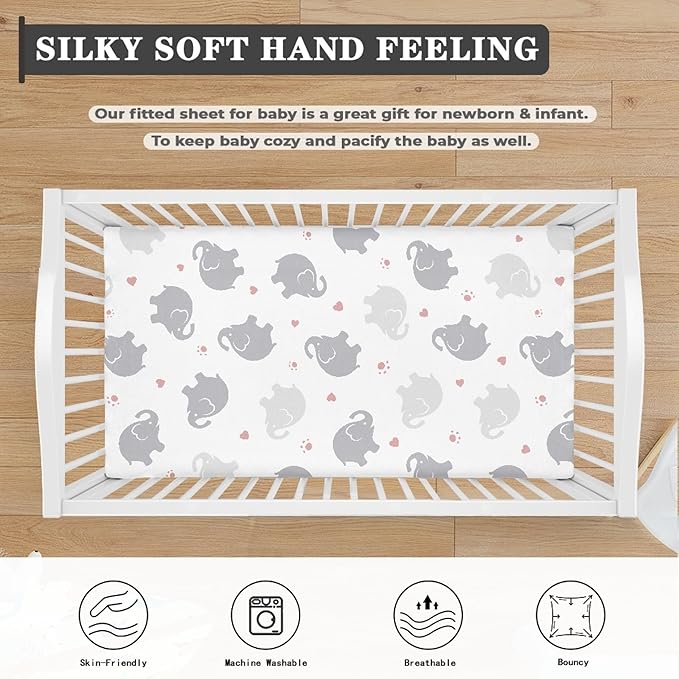 Elephant Fitted Crib Sheet for Boys Girls Watercolor Grey Elephants Baby Sheet for Standard Crib and Toddler Pink Paw Print and Heart Nursery Bed Mattress Sheets 28"x52"