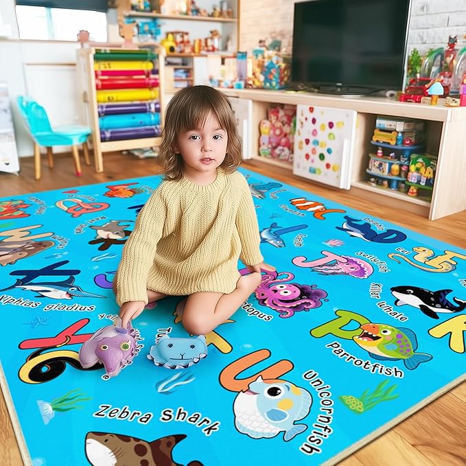 Kids Rugs for Playroom, 5x7 Feet Educational Rug for Learn The ABC Alphabet, Soft Machine Washable Non-Slip Cute Marine Organisms Carpet for Classroom Toddler Nursery Kids Room Decor, Blue
