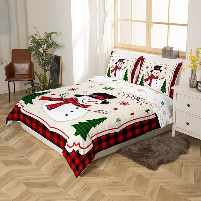 Manfei Cute Snowman Duvet Cover Set King Size, Xmas Trees Snowflake Comforter Cover with 2 Pillowcases, Christmas Theme Red Plaid Bedding Set 3pcs for Kids Girls New Year Bedspread Cover,No Comforter