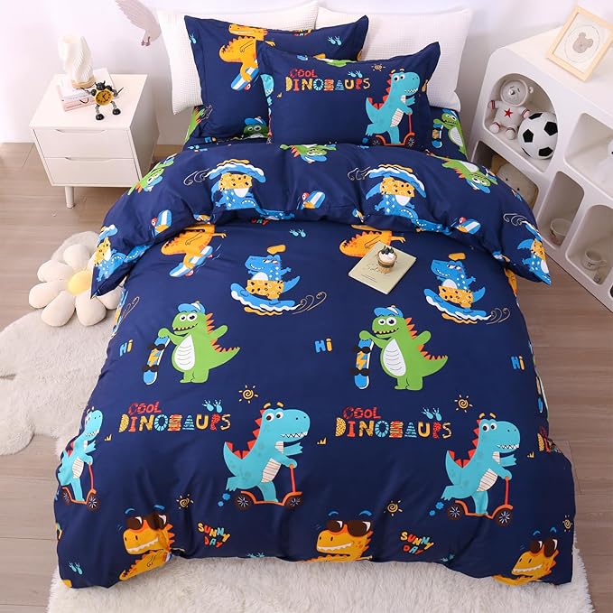 JSD Sports Dinosaur Kids Duvet Cover Set Twin Size, 2 Piece Cute Printed Microfiber Comforter Cover with Pillow Sham Zipper Closure, Comforter Not Included