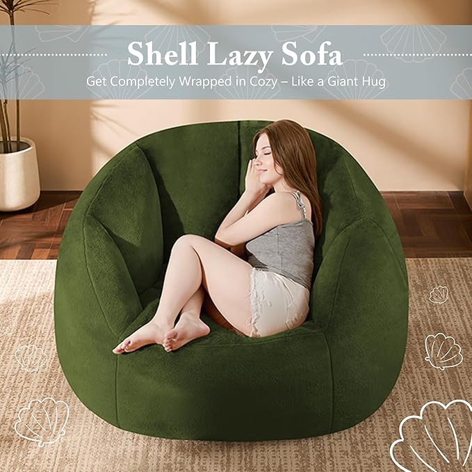 Giant Bean Bag Chair for Adults - Comfy Plush Round Shell Soft Accent Chair, Oversized Cozy Lounge Floor Sofa Reading Chair, Mini Couch for Living Room, Bedroom & Game Rooms, Dorm, Green