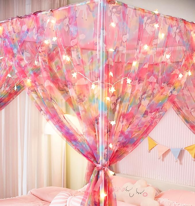 Mengersi Unicorn Bed Canopy for Girls Canopy Bed Curtains with Lights-Canopy for Bed - Bed Netting Canopy for Girls Room Decor,Full Size