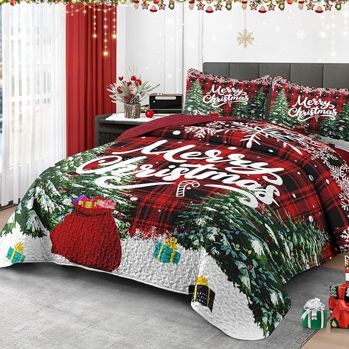 Christmas Full/Queen Size Quilt Set, Green Cartoon Trees Lightweight Bedspread Coverlet with Pillow Shams for Kids and Adults, Black Red Plaid 3 Pcs Bedding Bed Cover