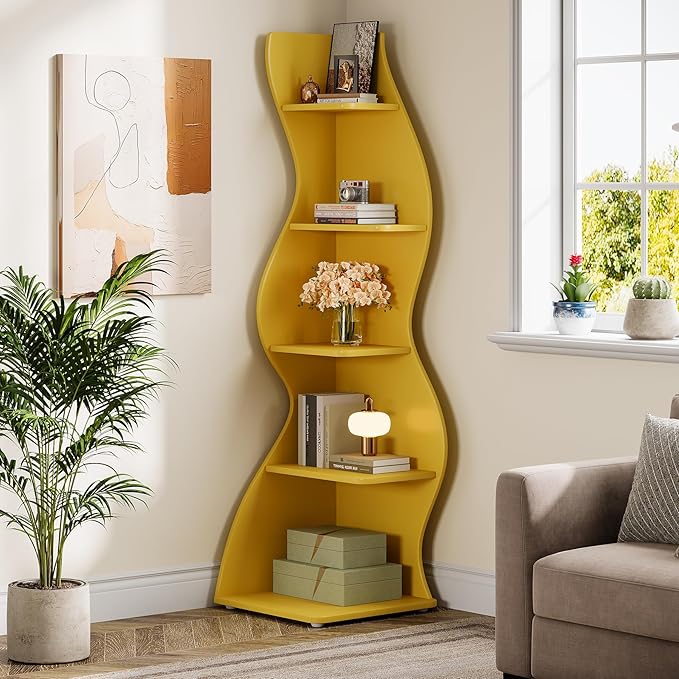 Tribesigns Wavy Corner Shelf, Modern 5-Tier Bookshelf Bookcase with Curvy Shape, Unique Plant Stand Display Rack for Living Room Small Space (Yellow)