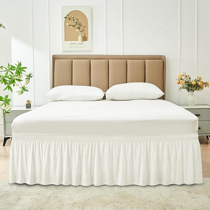 Biscaynebay Wrap Around Bed Skirts for Queen Beds 15" Drop, Ivory Adjustable Elastic Dust Ruffles Easy Fit Wrinkle & Fade Resistant Silky Luxurious Fabric Machine Washable
