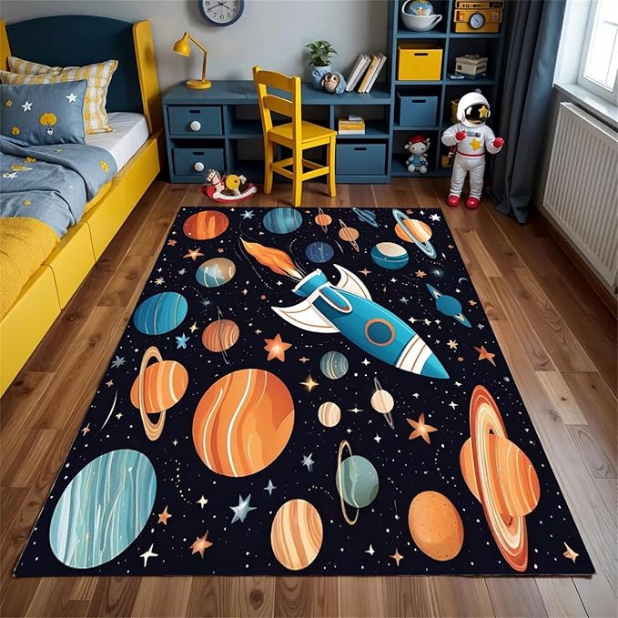 5x7ft Large Space Themed Area Rug - Cartoon Space Solar System Planets Area Rugs, Soft Non-Slip, Machine Washable Polyester Mats, Perfect for Kids Room, Playroom and Nursery, Space Room Decor