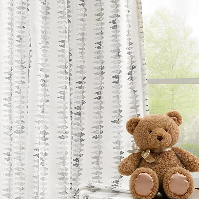 jinchan Linen Nursery Curtains for Living Room Boho Curtains for Bedroom Kids Room 63 Inches Long Geometric Printed Farmhouse Drapes Rod Pocket Window Treatment Curtain Set of 2 Panels Gray