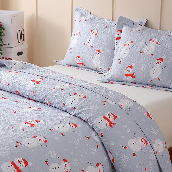 JSD Blue Snowman Christmas Kids Quilt Set Full/Queen, 3 Pcs Christmas Beddings Soft Microfiber Bedspread Coverlet Holiday Quilted Blanket