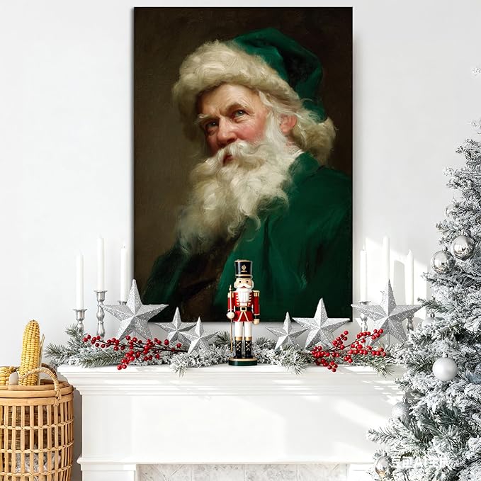 YONICA Christmas Canvas Wall Art Green Santa 12x16 Inch Historical Christmas Figure Art - Large Framed Gallery Wrapped Collectors Edition