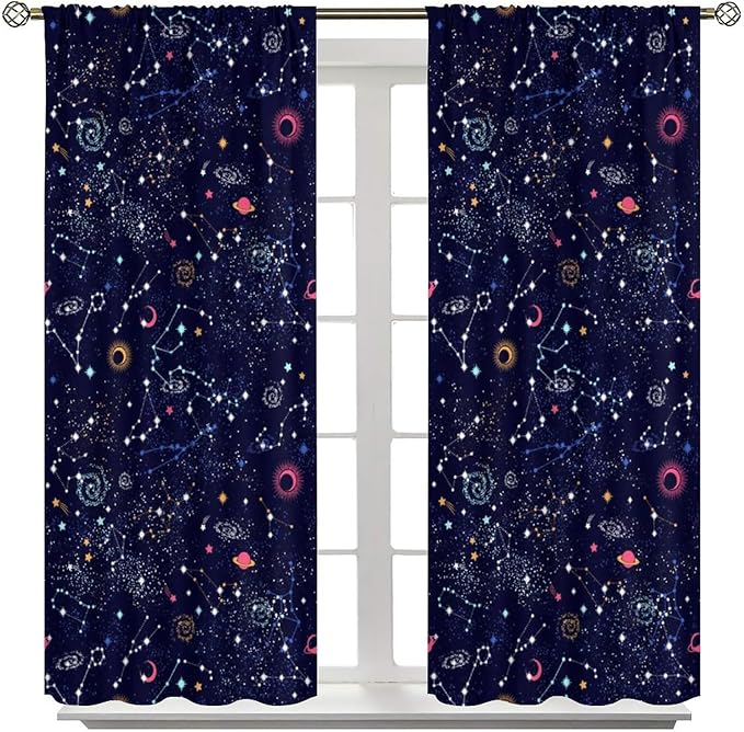 Kids Galaxy Curtains, Fantasy Stars Outer Space Universe Planets Print Window Treatments for Boys Girls Bedroom Nursery Playroom Decor 42" W X 45" L