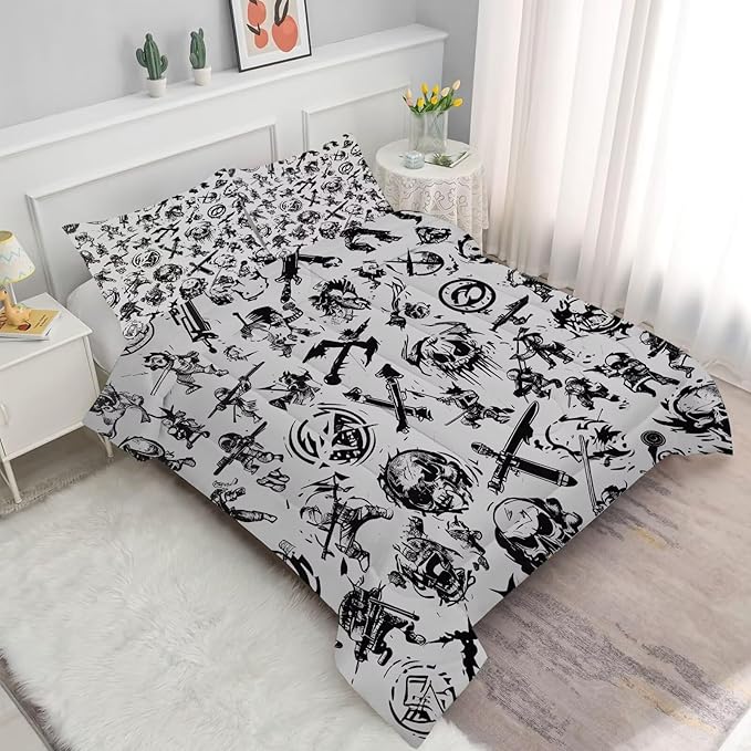 Grey Pirates Comforter Set Queen: Skull Bedding Set for Boys Kids Men Teen Bed Bedroom Dorm Nautical Gaming Samurai Ninjas Quilt 1 Comforter + 2 Pillow Cases