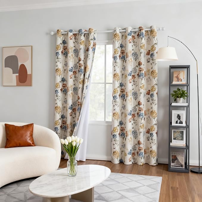 MYSKY HOME Floral Linen 100% Blackout Curtains 84 Inch Length 2 Panels for Living/Dining Room Bedroom Double Layer Thermal Insulated Farmhouse Flower Patterned Grommet Top Drapes, Yellow, 52" W Each