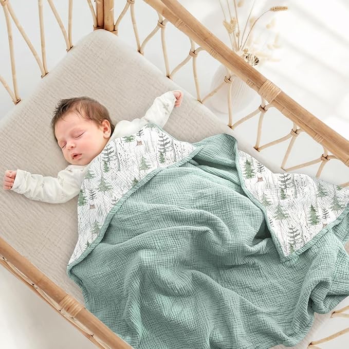 lulumoon Muslin Baby Blanket Neutral: Cotton Crib Blanket with Pine Tree - Soft Toddler Bedding for Registry Gift 47x47 Inches (Green Forest Stump)