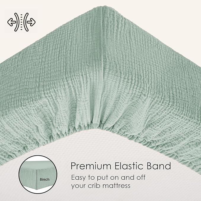 Crib Mattress Sheet Set of 2 Green & Beige, Premium Muslin Cotton, 52x28x9 Fitted Crib Sheets Snugly, Breathable & Soft for Safe Sleep, Stays Smooth After Wash