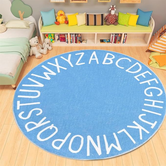 Round ABC Kids Carpet Alphabet Nursery Area Rug Extra Large Soft Crawling Play Mat Suitable for Children's Bedrooms - Non-Slip and Machine Washable-6ft Blue