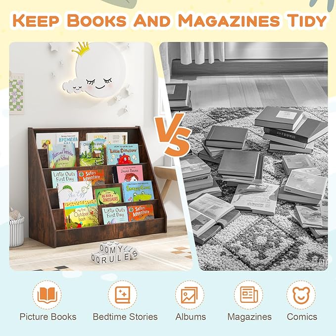 Costzon 5-Tier Kids Bookshelf, Wooden Children Bookcase, Toddler Book Rack, Magazine Storage & Display Shelf, Book Shelf for Kids Room, Living Room, Nursery, Classroom (Brown)