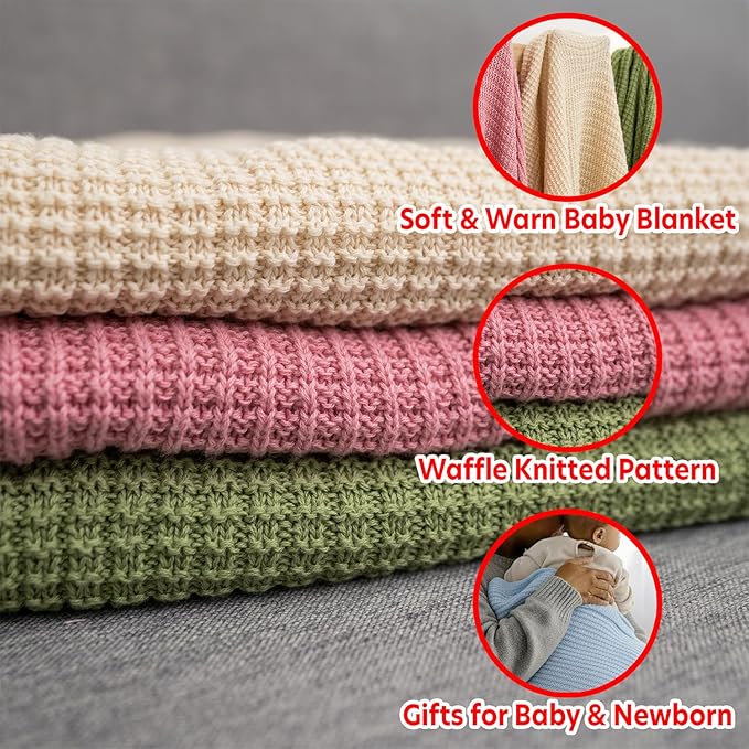 Baby Knit Blanket, 100% Cotton Waffle Patterns, Soft, Cozy, Lightweight Swaddle for Newborn & Infant Swaddling Beige Neutral, Perfect Baby Shower Ideas Baby Blue 28x36