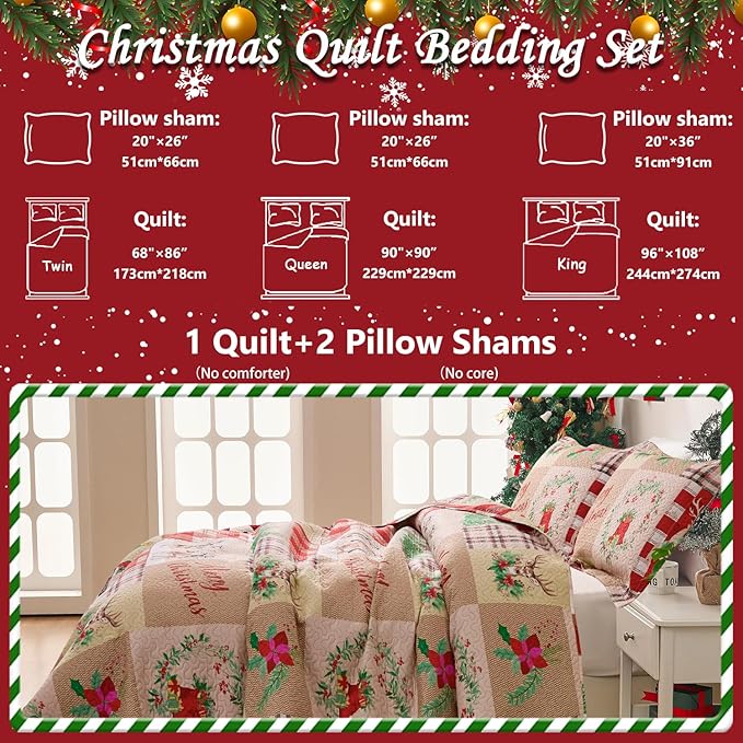 Christmas Bedding Set Twin Christmas Quilt Bedspread,Gnome Santa Claus Plaid Patchwork Xmas Quilt Set Bedding Holiday Christmas Quilts Decor Gift Elk Pattern Lightweight Reversible Bedspread Coverlet