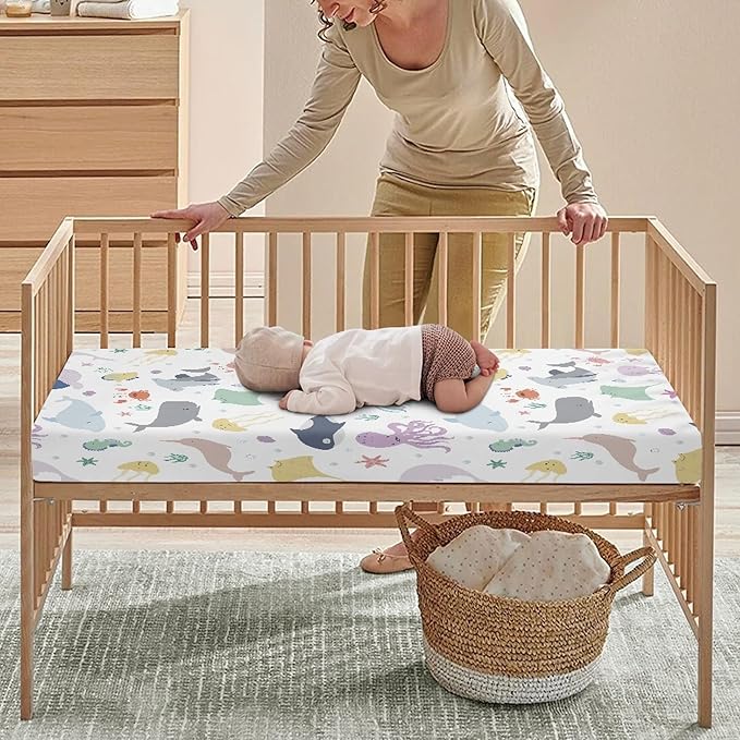 Sea Animals Fitted Crib Sheet for Boys Girls Fish and Octopus Baby Sheet for Standard Crib and Toddler Corals Nautical Aquatic Shells Nursery Bed Mattress Sheets 28"x52"