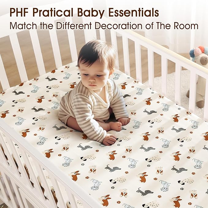 PHF 3 Pack Soft Pet Dogs Crib Sheets Fitted, Comfy Breathable Baby Sheets for Boys Girls, 28x52 Inches Fits Standard Crib and Toddler Mattresses, Pet Dogs