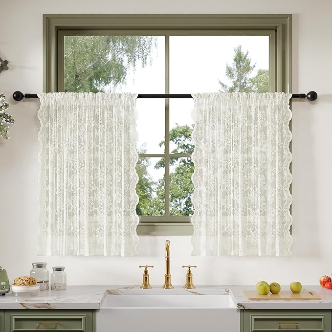 Anmao Vintage Lace Kitchen Curtains 36 Inches Long 2 Panels, Romantic Semi Sheer Floral Over Sink Lacy Cafe Curtain, Elegant Window Short Small Drapes, 55W x 36L, Ivory