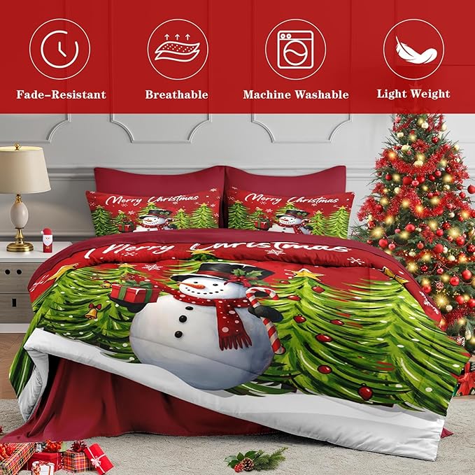 7 Pcs Queen Size Christmas Comforter Set with 2 Pillowcases & 2 Shams, Red Cartoon Snowman Bedding for Kids and Adults, Funny Xmas Pine Forest Bed in a Bag with Flat Fitted Sheet