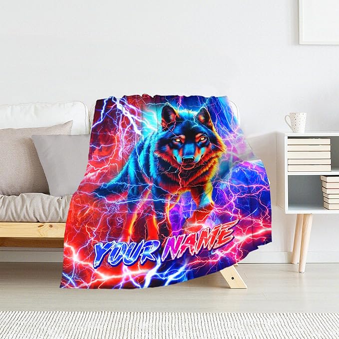 Custom Boys Blanket Gifts Wolf Throw Blankets for Toddler, Boys - Personalized Cozy Fuzzy Animals Flannel Stuff for Couch, Office & Travel