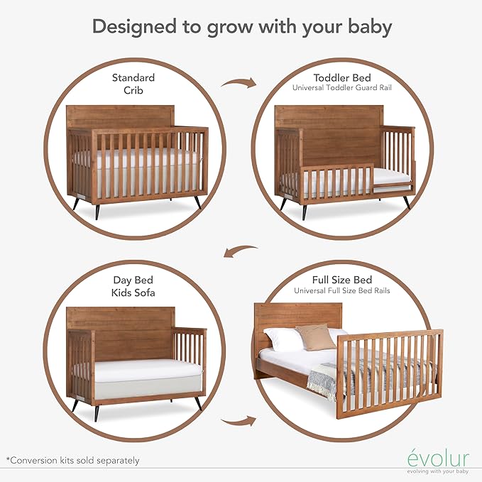 Evolur Stilnovo Mid Century 4-in-1 Convertible Crib in Sugarcane, Greenguard Gold Certified, 3 Mattress Height Settings, Modern Nursery, Wooden Furniture