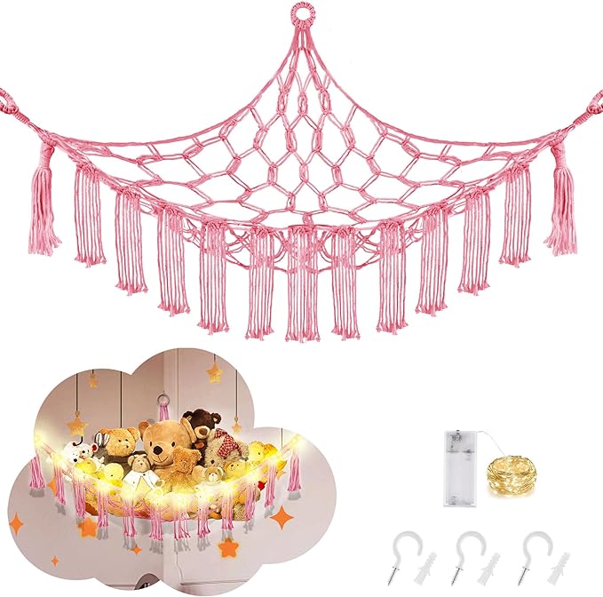 Stuffed Animal Hammock with LED Light, Large Stuffed Animals Storage Corner Plushie Net for Kids Room Decor, Pink