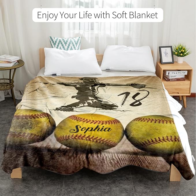 Custom Softball Blanket with Number Name: Personalized Fluffy and Warm Gift for Baby Toddler Kids and Adults Birthday Skin-Friendly Flannel Fabric(40X50inch)