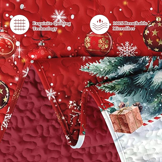 Christmas King Size Quilt Set, Red Cute Snowman Lightweight Bedspread Coverlet with Pillow Shams for Kids and Adults, Farmhouse Truck Snow 3 Pcs Bedding Bed Cover