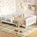 Bellemave Twin Floor Bed with Slats and Safety Guardrail, Twin Size Montessori Floor Bed with Fence and Built-in Bookshelf, Easy Assemble Montessori Beds for Kids, Girls, Boys, White