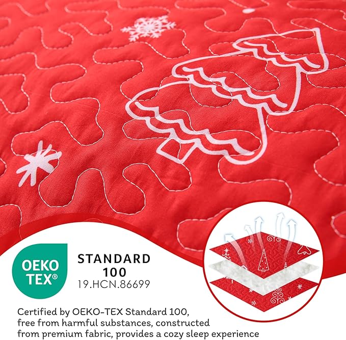 JSD 3 Pcs Kids Christmas Quilt Set Full/Queen, Red Christmas Tree Bedding, Soft Microfiber Bedspread Coverlet Holiday Quilted Blanket
