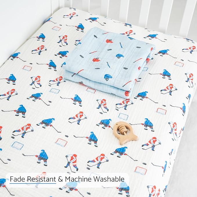 LollyBanks Muslin Crib Sheets 2 Pack, 100% Cotton Soft and Breathable Crib Fitted Sheet for Standard 52"x28" Mattress, Cozy and Snug Baby Bed Sheets, Baby Boy Essentials (Ice Hockey and Hat Print)