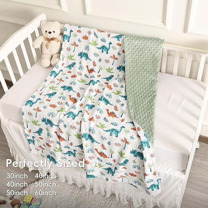david's kids Muslin Minky Baby Blanket for Boys Girls with Muslin Cotton Front and Dotted Fleece Backing, Breathable and Soft Lightweight Receiving Blanket for Newborns, 30x40 Inches, Dinosaur