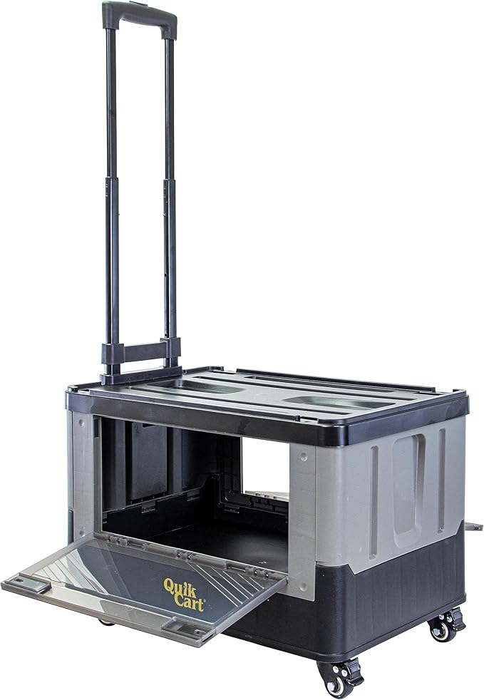 dbest products Quik Cart Extended Four Wheeled Rolling Crate Teacher Utility with seat Dual Accessible Doors Heavy Duty Collapsible Basket with Two Position Handle