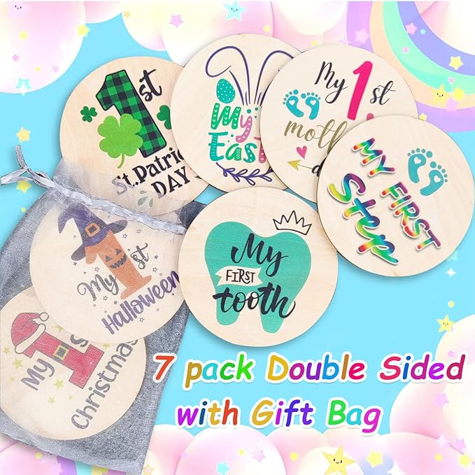 Baby First Holiday Milestone Cards, 7 Pack Double Sided Wooden Baby Milestone Signs for Newborn Girl or Boy, Baby Shower Cards Come with Organza Gift Bag (First Special Moments)