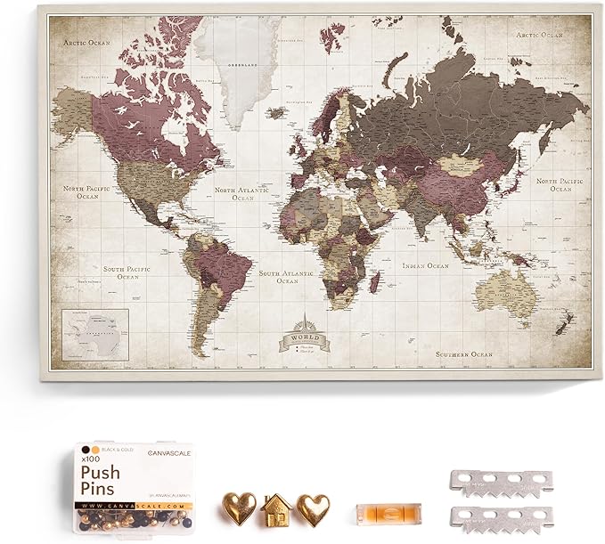 Canvas World Map with Cork Pin Board - English Lettering - Decorative Wall Decoration for All Rooms - Canvas Pictures with World Map Motif (90x60 cm, Pattern 23)