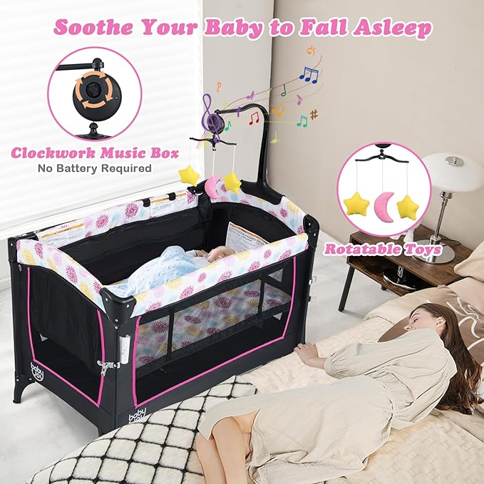 BABY JOY 4 in 1 Pink Pack and Play, Baby Bedside Sleeper with Bassinet, 3 Adjustable Heights, Music Box, Easy to Install, Foldable Bedside Crib w/Changing Table, Playards from Newborn to Toddlers Rose