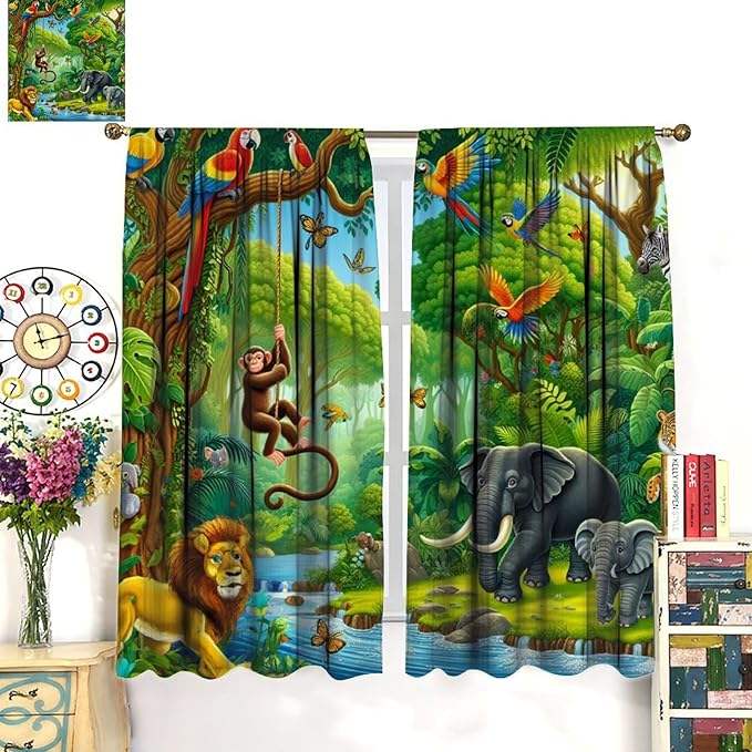 Animals Window Curtain Cartoon Jungle Forest Elephant Lion Print Curtains for Kids Boys Girls Nursery Baby Bedroom Playroom Home Decor Window Drapes 72" W X 63" L