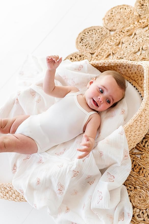 Ely's & Co. Muslin Swaddle Blankets 2-Pack for Baby Girl, 100% Cotton Muslin Extra Large Swaddle Receiving Blankets, 47”x47” (Pink Butterflies + Stripes)