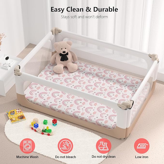 Pack N Play Sheets Fitted, 2-Pack Fit for Standard Pack N Play Mattress, Mini Crib Sheets,Breathable Soft Unisex Playard Sheets (Pink Rainbow & Pink)